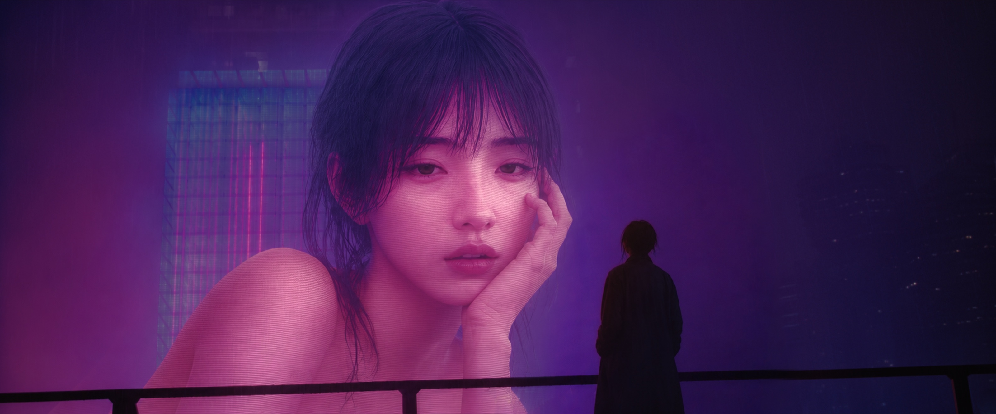 NOMA 2049：紫色夜景中的巨大影像与驻足的人物